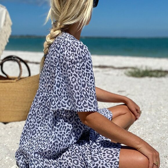 Emerson Fry ISLA MINI DRESS CHARCOAL LEOPARD ORGANIC COTTON size M/L Grey White - Picture 7 of 17